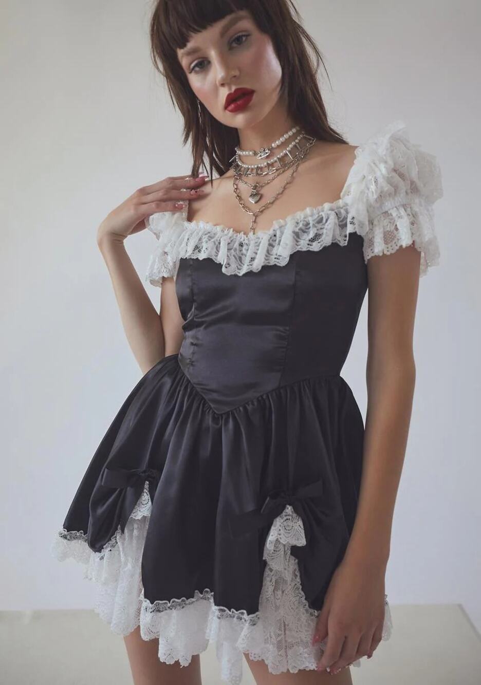 Current Mood Bad Meets Evil Satin Lace Ruffle Mini Dress Black White Small NWT